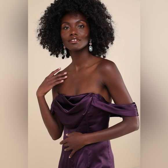 LULU’S Unbelievable Aura Dark Purple Satin Off The Shoulder Jumpsuit - Picture 2 of 5